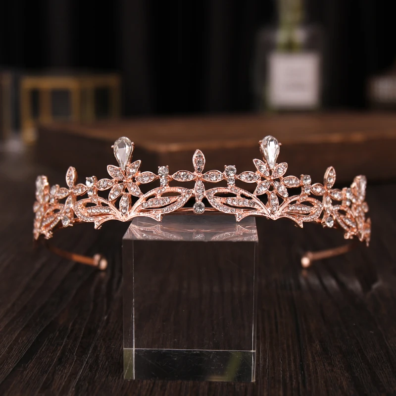 

Trendy Rose gold Rhinestone Crown Flower Bridal Hair Accessories Wedding Headpiece Hair ornaments Bride Hair Jewelry crown Tiara