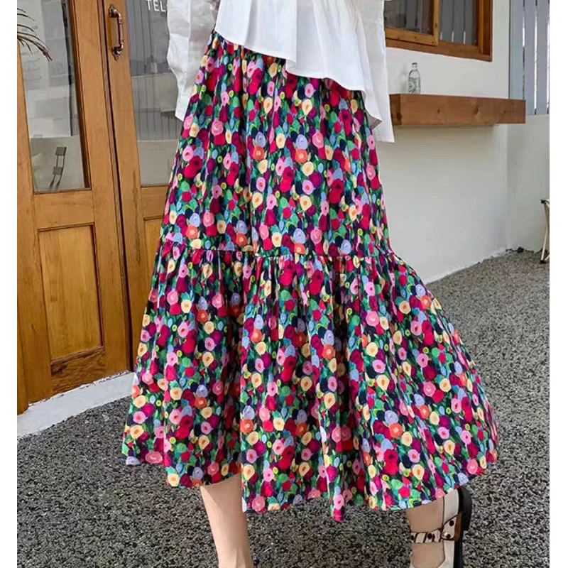 Women Vintage Floral Print Pleated Streetwear Midi Skirts Female Summer Trendy Elastic High Waist Sweet Chic A-line Skirt Faldas