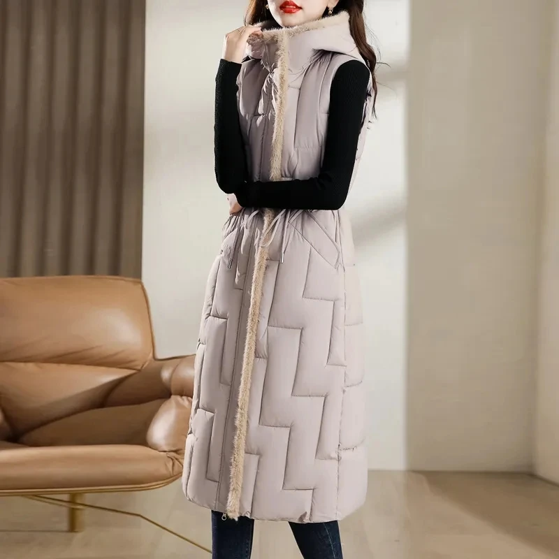 Winter Long Vest Loose Down Cotton Jacket Womens 2023 New Knee Thick Sleeveless Waistcoat Female Hooded Oversize Camisole jacket