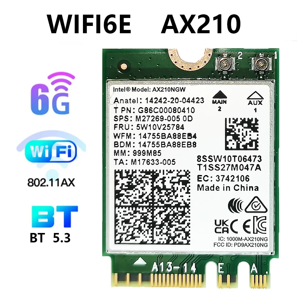 

WiFi 6E Intel AX210 Card 5374Mbps Bluetooth 5.3 Wireless Network Desktop Kit 6DBi Antenna 802.11ax 2.4G/5Ghz/6Ghz