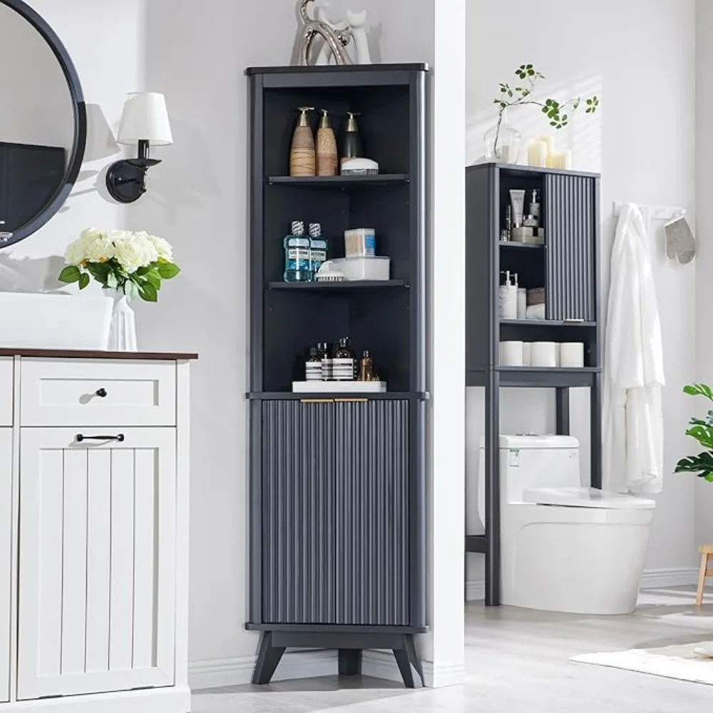 Tall Corner Cabinet, Modern Fluted Storage Cabinet with Adjustable Shelves, Curved Profile Design, Space Saver for Bathroom