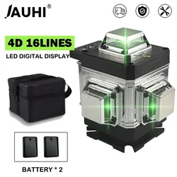 JAUHI-Nivel láser verde 4D de 16 líneas, autonivelante, 360 grados, líneas de Cruz Horizontal y Vertical, línea láser verde, pantalla LED