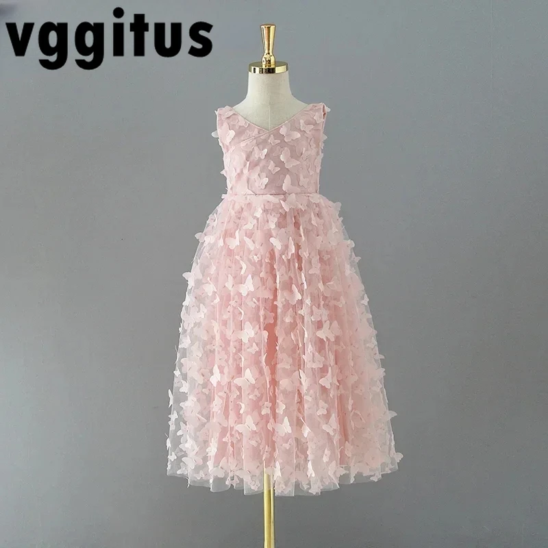 Summer Kids Girls Dress Ankle Length Solid Color Round Collar Sleeveless Pure Mesh TUTU Princess Dresses H3069