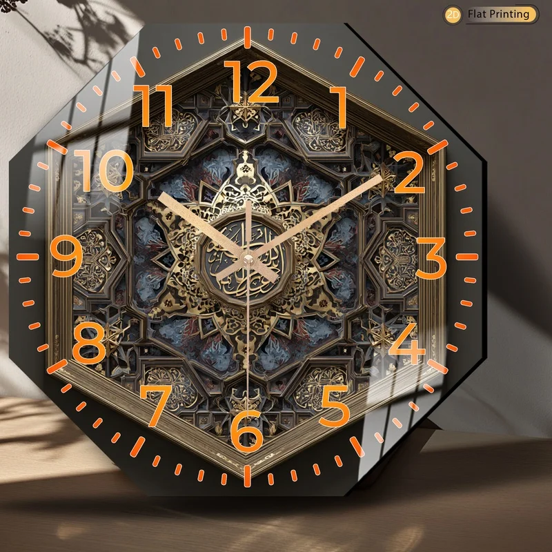 Reloj de madera con caligrafía árabe azul dorado plano 2D vintage para dormitorio, oficina, sala de estar, cumpleaños, día de la madre, regalos de Año Nuevo