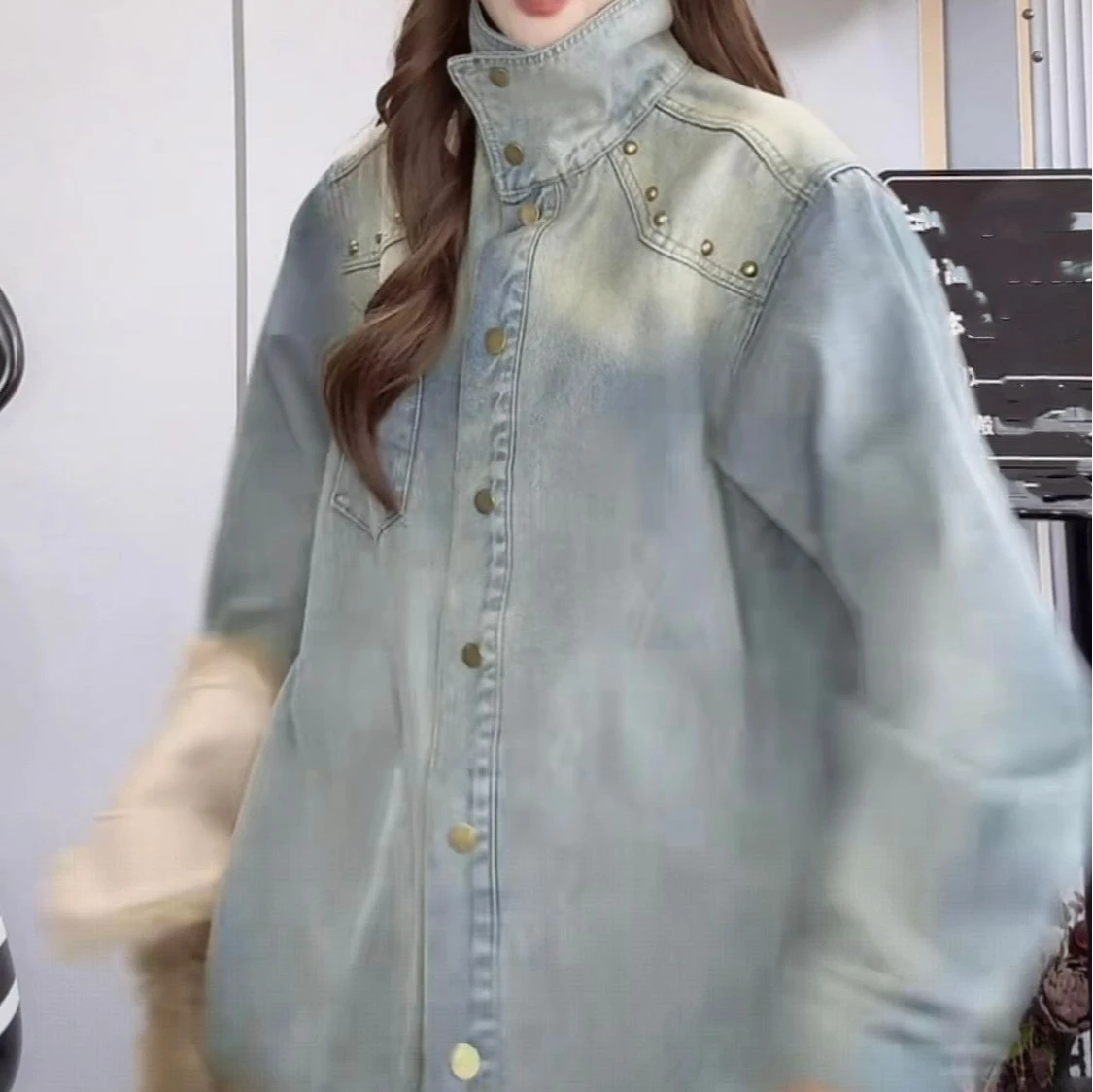 Retro Denim Shirt Women's Winter Velvet Thickened Inner Fit Old Rivets Women's Loose Denim Jacket Women