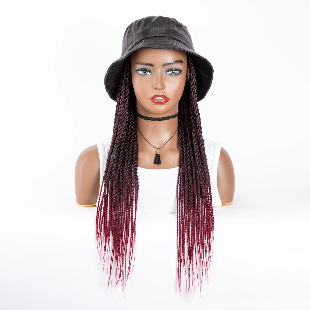 WIGERA Burgundy Long Red Wine Braided Wig Braides Hair Extensions Synthetic Twist Braided Wig With Hat  Cap Wigs For Black Women