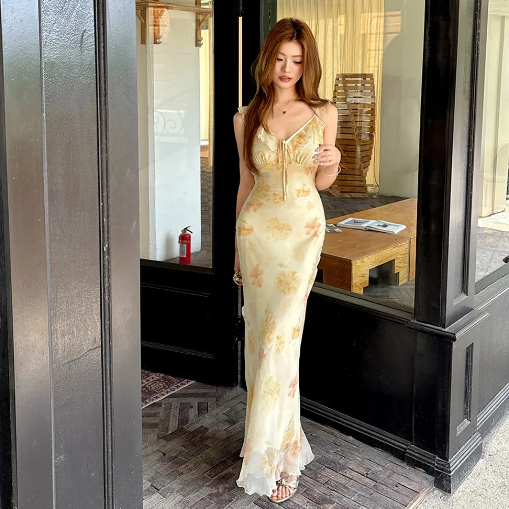 

Coigarsam Women Long Dress New Office Lady Print V-Neck Dresses