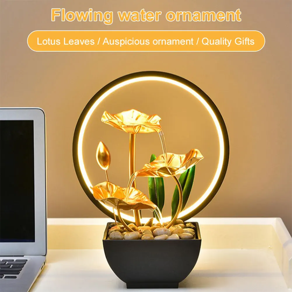 3-Tier Desktop Waterfall Decor with Natural Rocks & LED Ring Light Water Circulating Fountain Metal for Office Living Room Decor