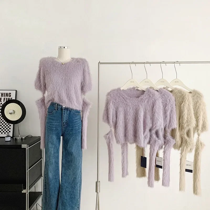 Fluffy Oversized Sweater Autumn Winter Women\'s Clothing Y2k Streetwear Mink V-neck Soft Pullover Jumper Loose Long Sleeve Tops
