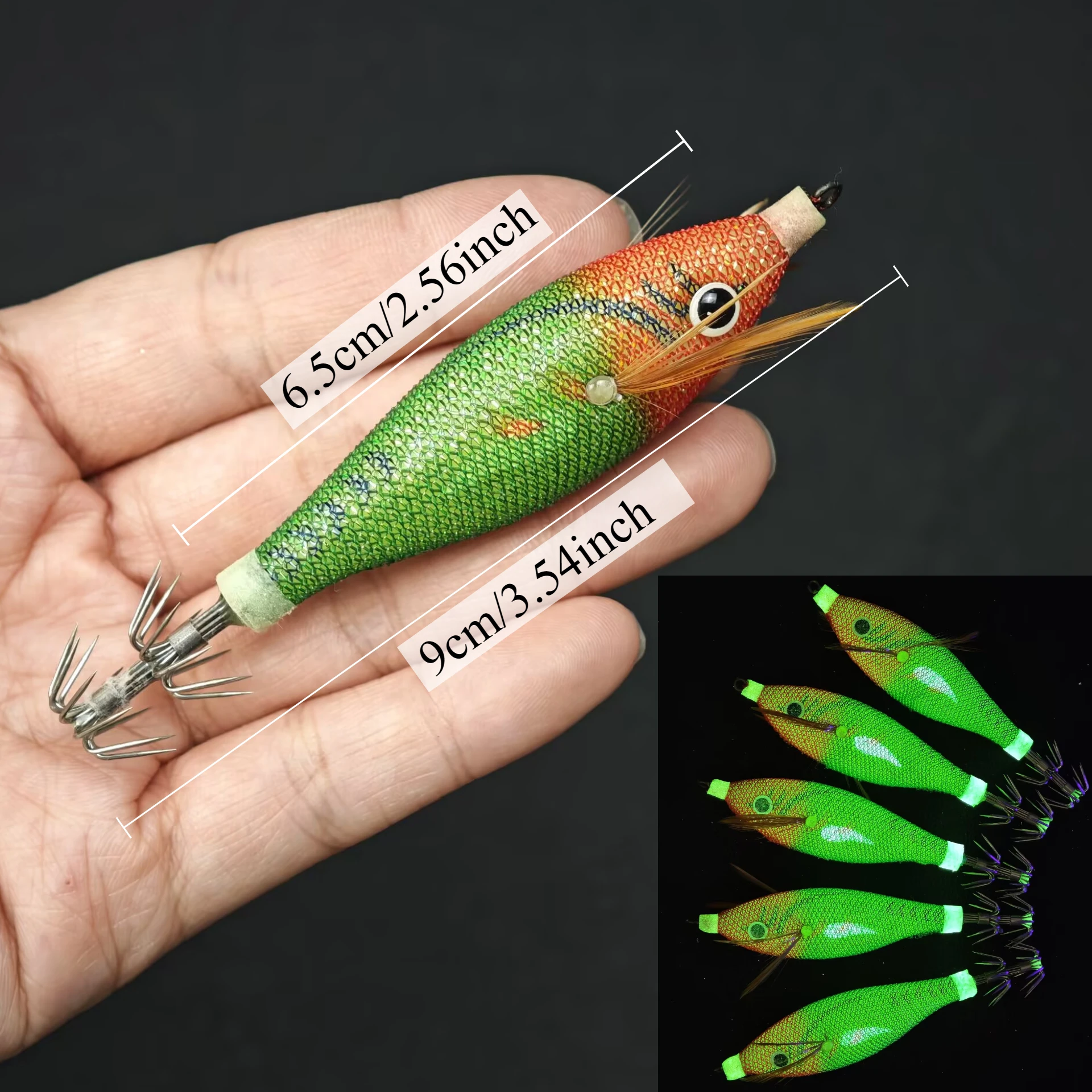 9 Stück/Set 9cm Leuchtende Tintenfisch-Jig-Haken Garnelen-Angelköder Leuchtende Garnelen-Jigs Tintenfisch-Oktopus-Angelzubehör – Detail 1