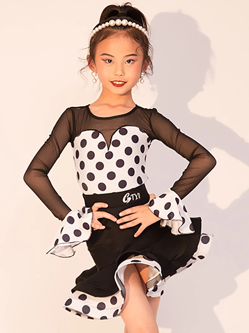 키즈 소녀 라틴 댄스 메쉬 도트 프린팅 바디수트와 스커트 볼룸 룸바 댄서웨어 트레이닝 차차 공연 의상