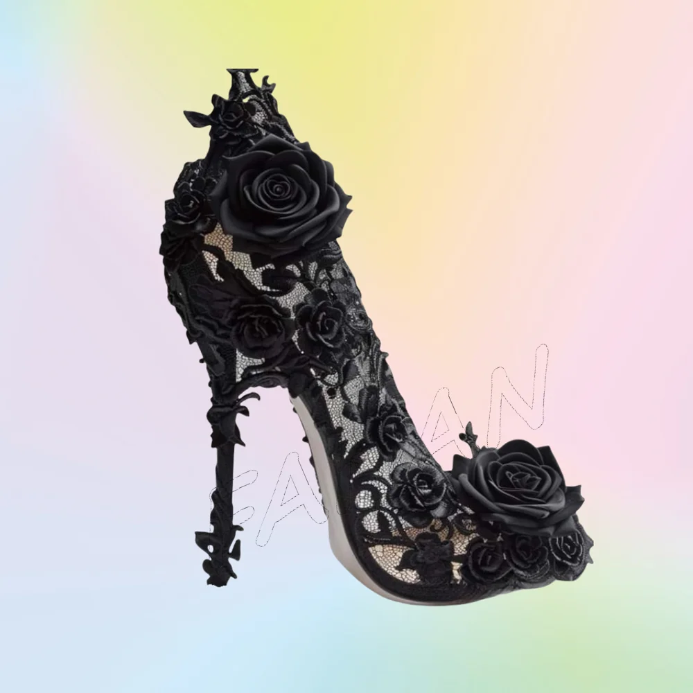 

Черные лазерные туфли-лодочки с однотонным цветочным декором на каблуке Неглубокие туфли без шнуровки Туфли-лодочки на тонком высоком каблуке для женщин 2025 Zapatos Para Mujere