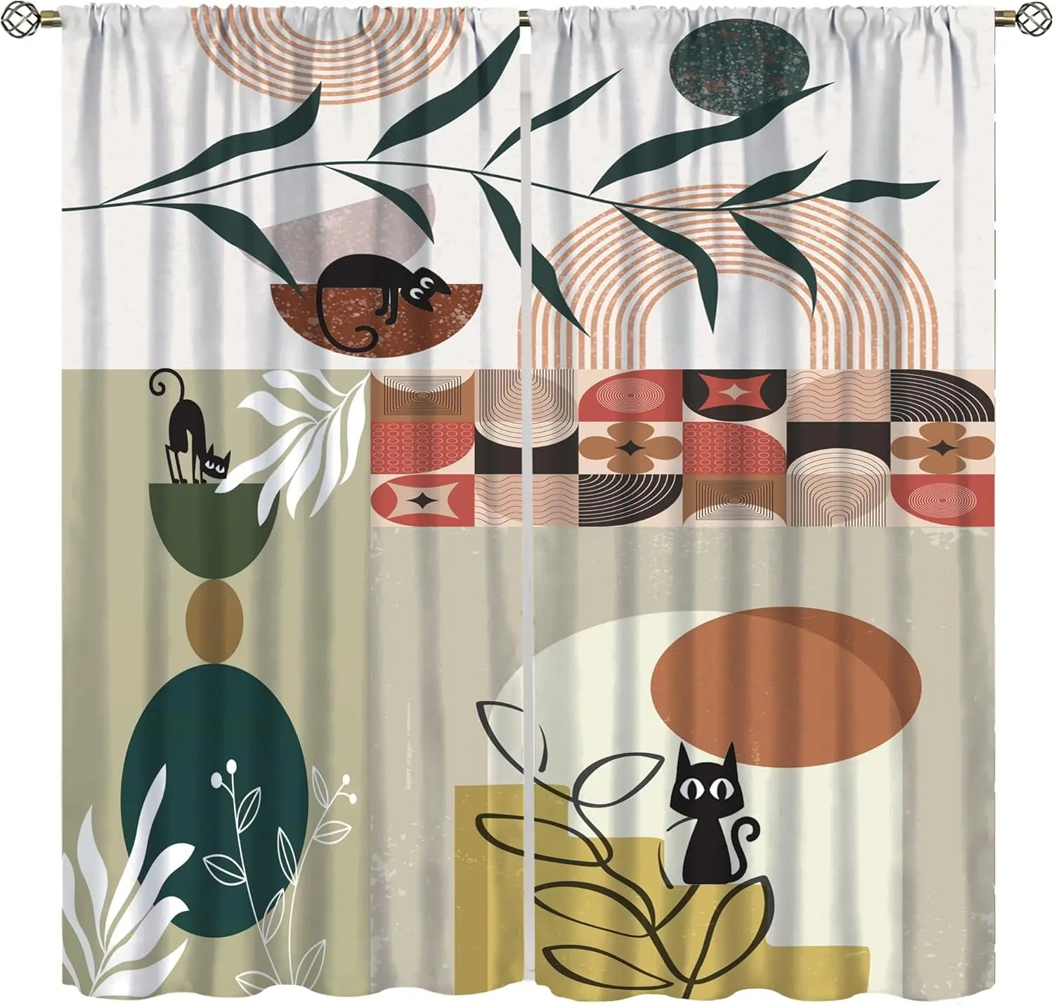 Mid Century Curtain,Abstract Boho Plant Leaf Cat Geometric Modern Window Treatment Curtains for Living Room Kitchen Bedroom