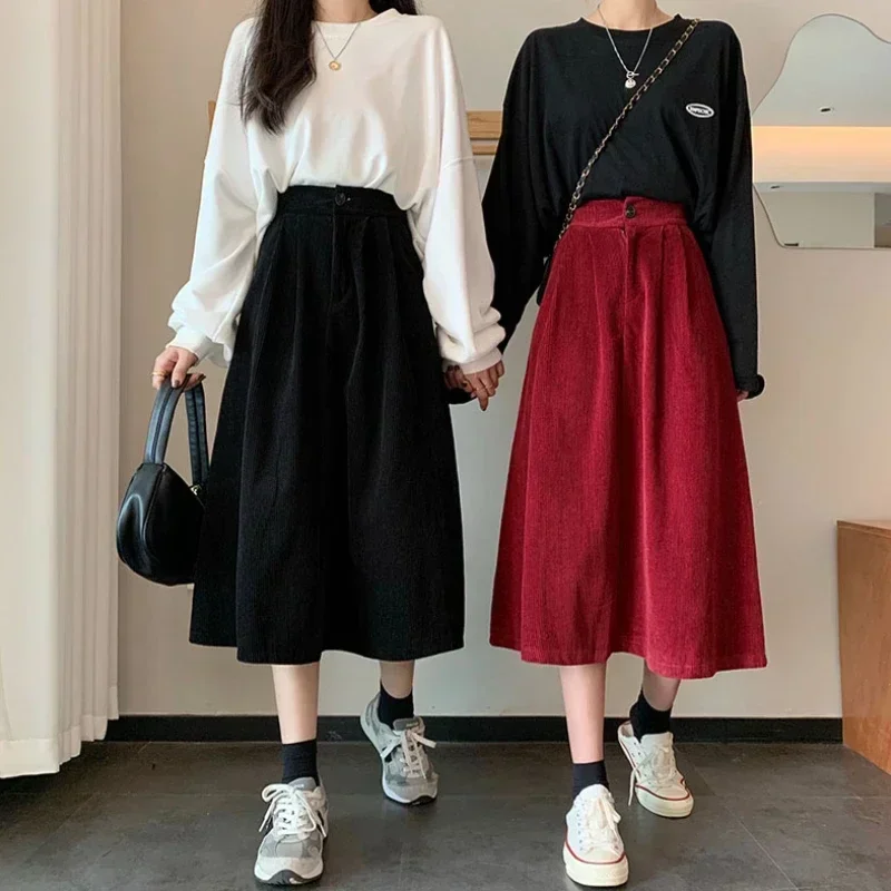 Vintage Corduroy Midi Skirt Women High Waist Pleated A Line Skirts Autumn Winter Streetwear Korean Casual All Match Faldas New