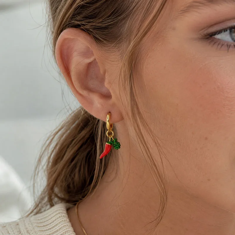 Red enamel pepper hoop earrings for women fruit plants funny earrings creative cute summer jewelry new in 2026