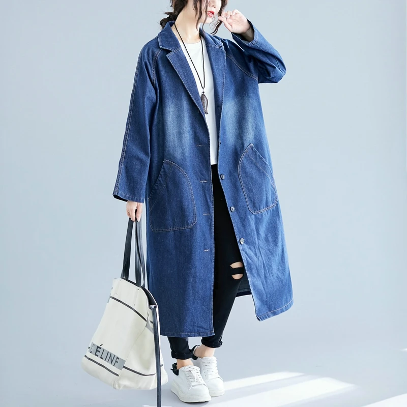 

SuperAen Fashion Denim Solid Trench Coat Autumn New 2023 Casual Turn Down Collar Jeans Trench Coat for Women