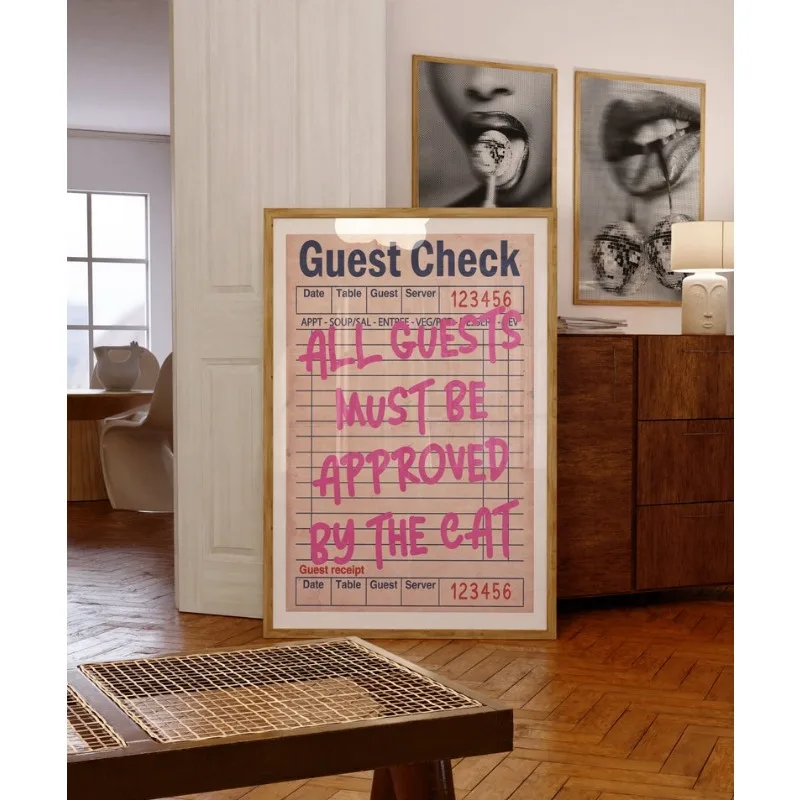 Guest Check Print, Preppy Room Decor,  Retro Pink Bar Cart, Wall Art bedroom decor aesthetic, modern canvas poster