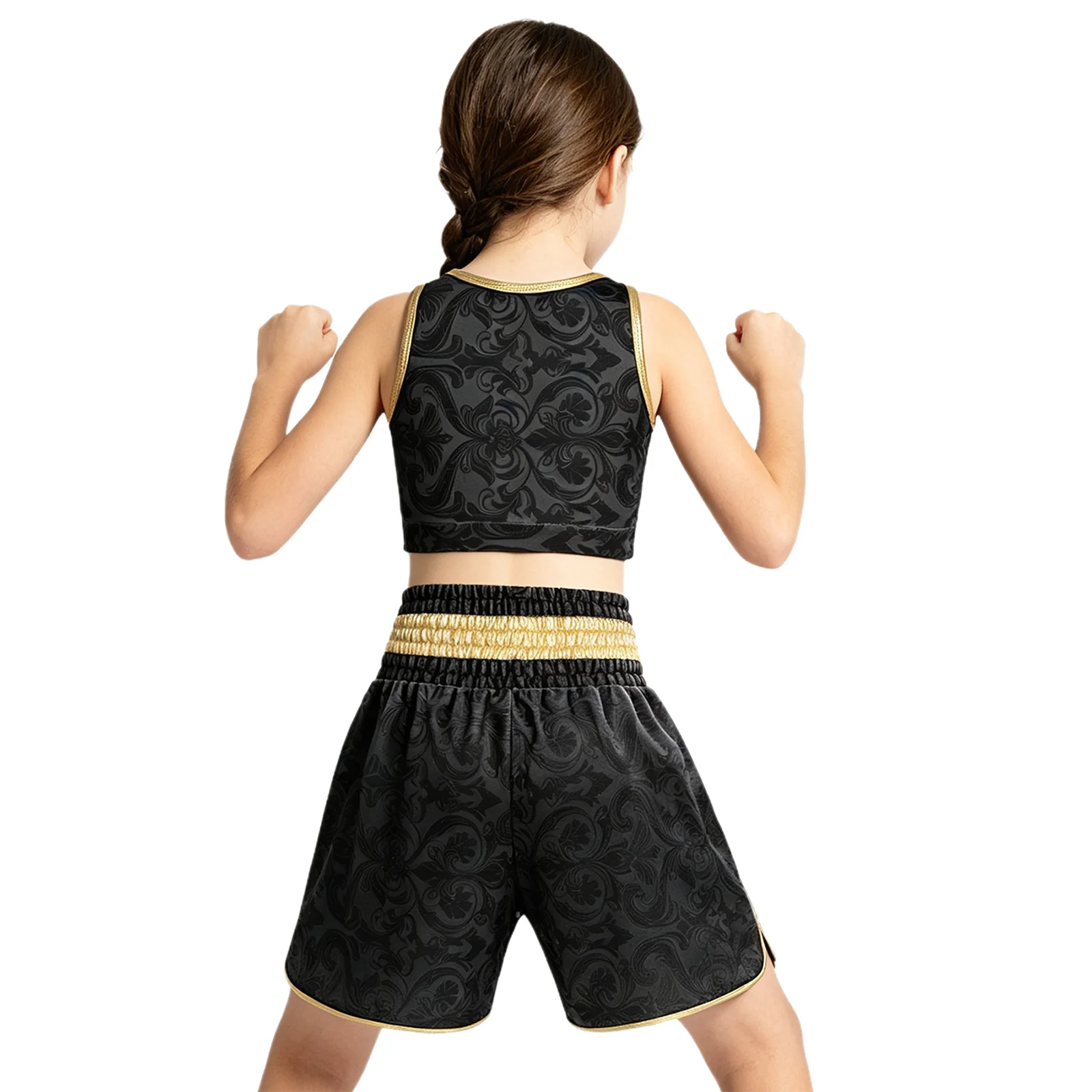 Kinder Jungen Mädchen Metallic-Verzierung Kampf-Boxoutfit mit Kapuze, Boxermantel und Gürtel, Blumenmuster-Weste mit elastischem Bund und Shorts – Detail 15
