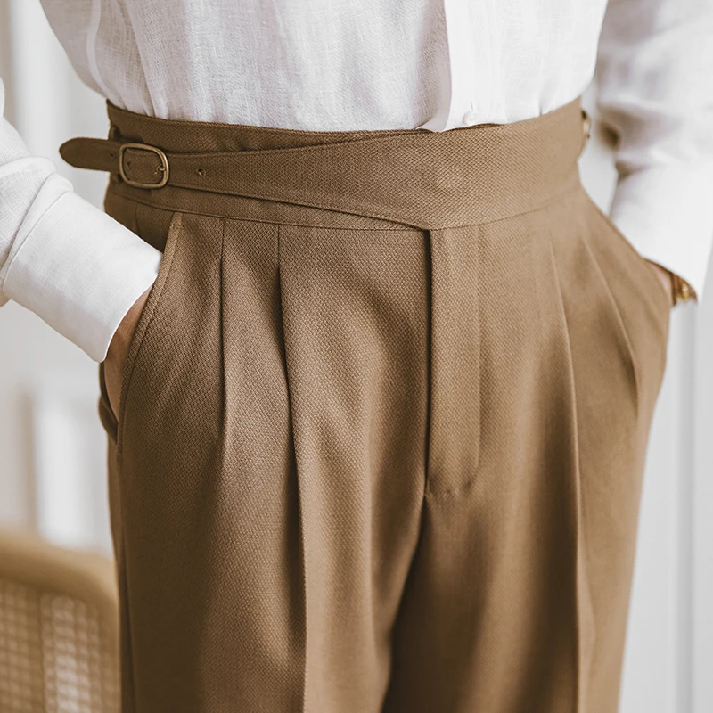 

2024 British High Waist Pants Linen Straight Leg Pant Naples High Waist Suits Retro Casual Pant Men Dress Pant Trouser A420