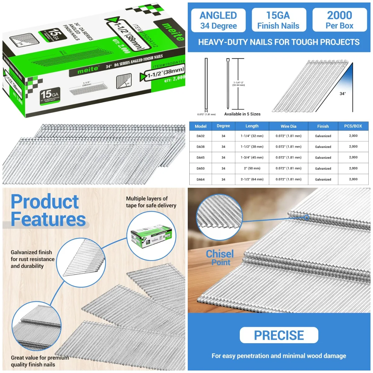 

15, калибр 1,5 фута 34 ° Гвозди с оцинкованной отделкой DA, шт. 2000 г. — идеально подходят для отделки, шкафов и проектов «сделай сам»