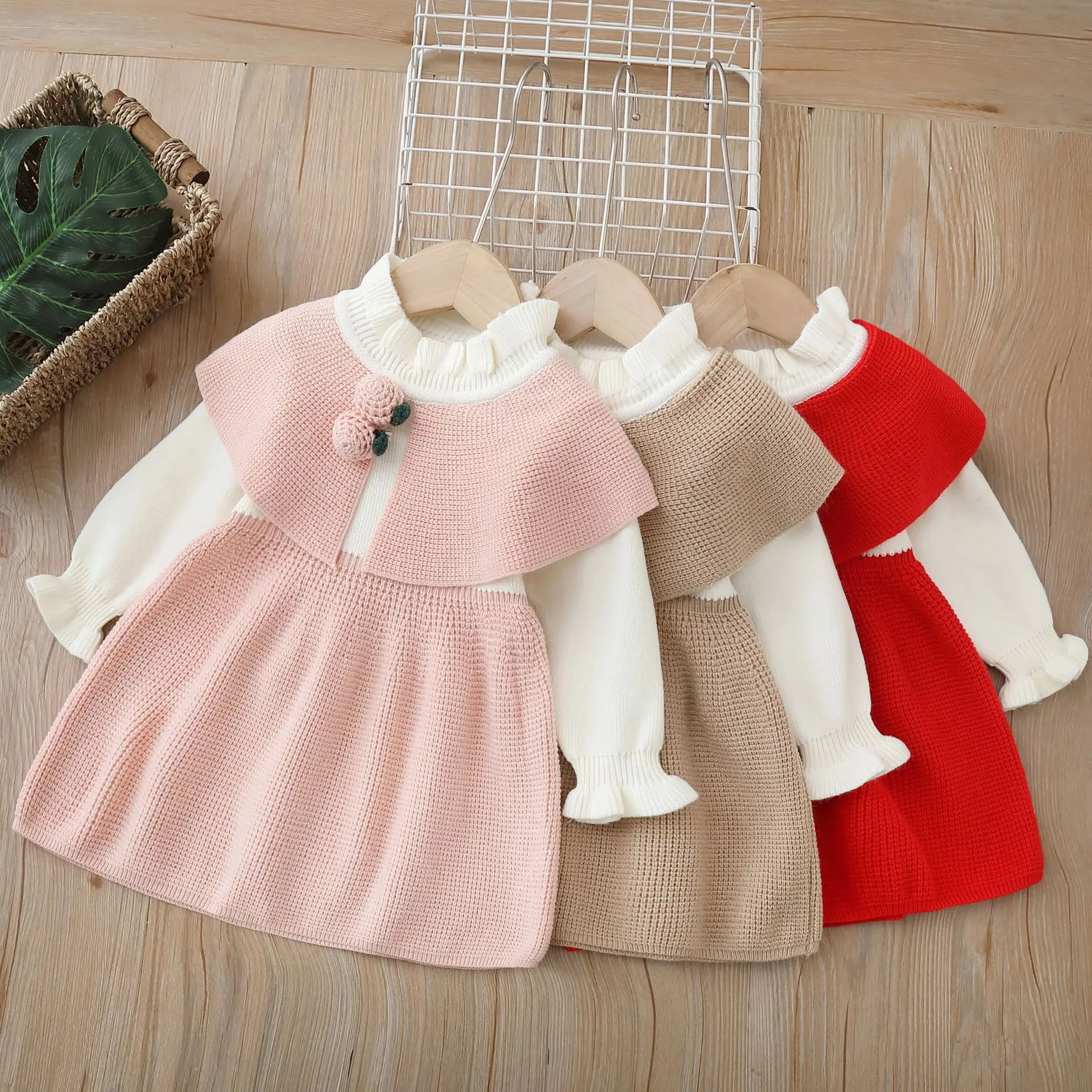 

Children's Sweater Dress Winter Girls' Lapel Flower Sweater Dress Children's Fake Two Long Sleeve Sweater Dress Knitted Sweater