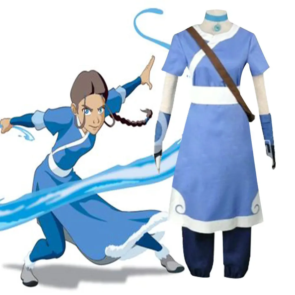 Katara The Las-t Airbender Anime Cosplay Costume For Women Adult Halloween Outfit Blue Dress Hanfu Carnival Clothes Wig