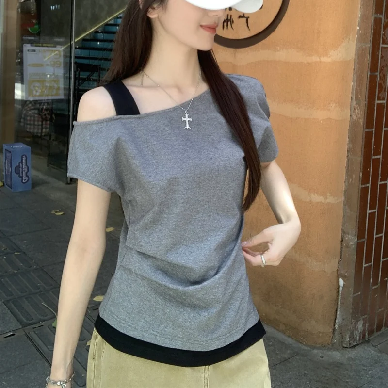 2026 Y2K Summer T Shirt Women Short Sleeved TShirt Skinny Off Shoulder Sexy Tee Shirt Slim Kpop Japanese Crop Top Clothes Woman