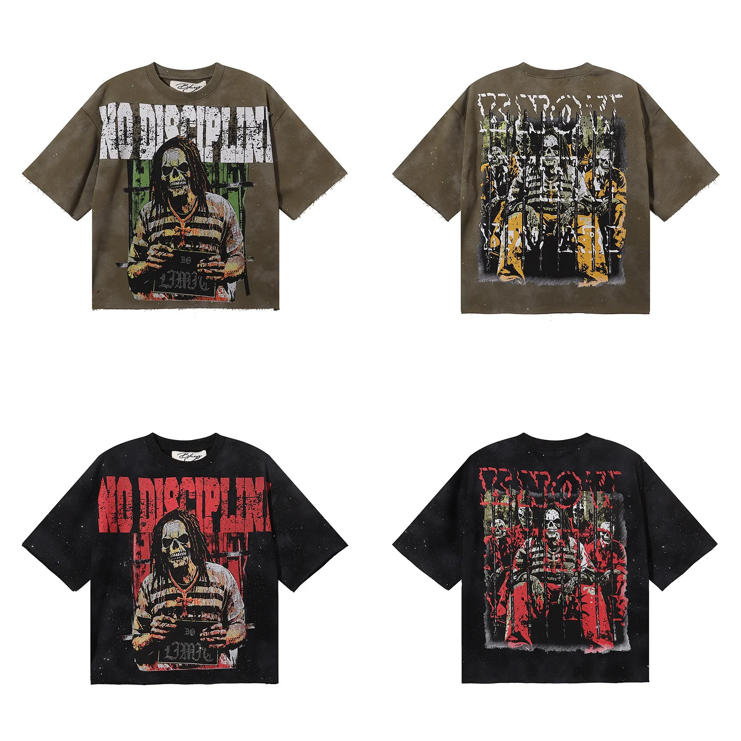 Retro American Skeleton Print Hip Hop Rock BKYS Brand Old Fashioned Fleece Sweatshirt Short Sleeve T-Shirt Street Style City ...