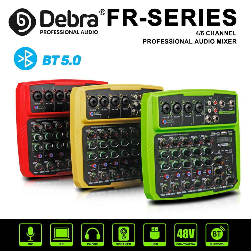 

Debra FR6 FR4 4/6 Channel Audio Mixer, DJ Console with Bluetooth 48V Phantom Power Delayed Replay for Stage, Studio, Bar Gigs