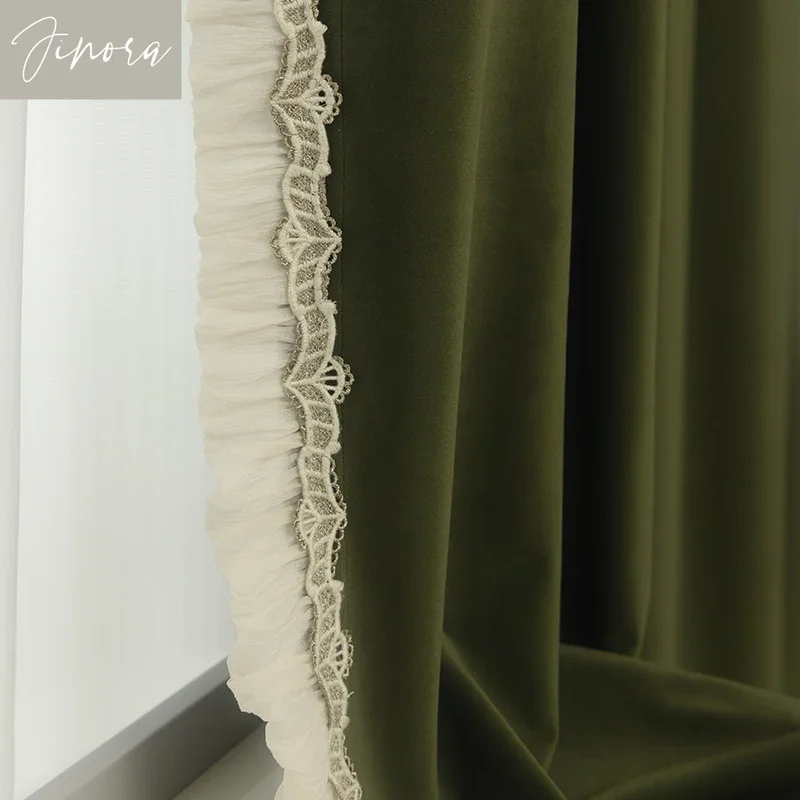 

American Retro Green Velvet Curtains Velvet Dark Green Flannel Blackout Light Luxury Curtains for Living Room European Lace
