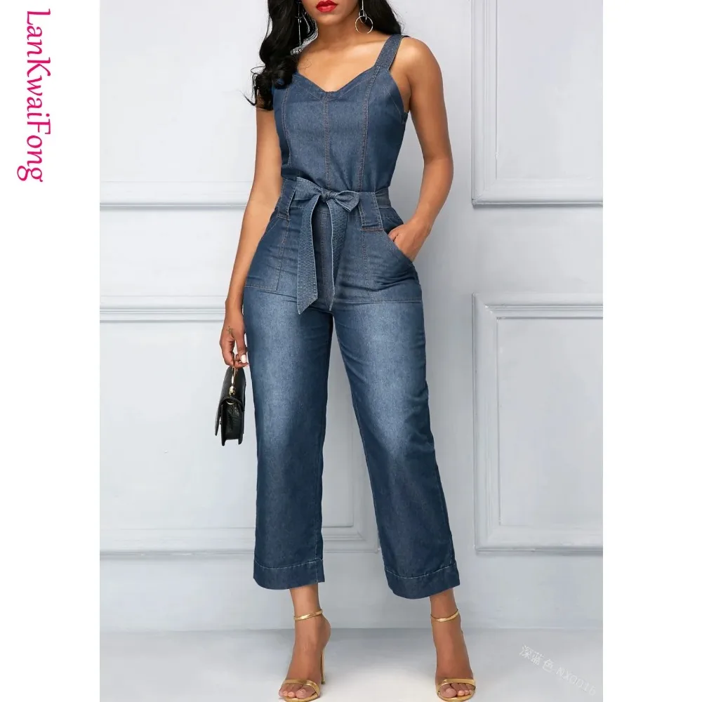 Jumpsuit Van Denim Bretels Voor Dames, Nauwsluitende Pasvorm, Matwitte Riem, Recht, Woon-Werkverkeer, Casual, Mode, Groothandel, 2024