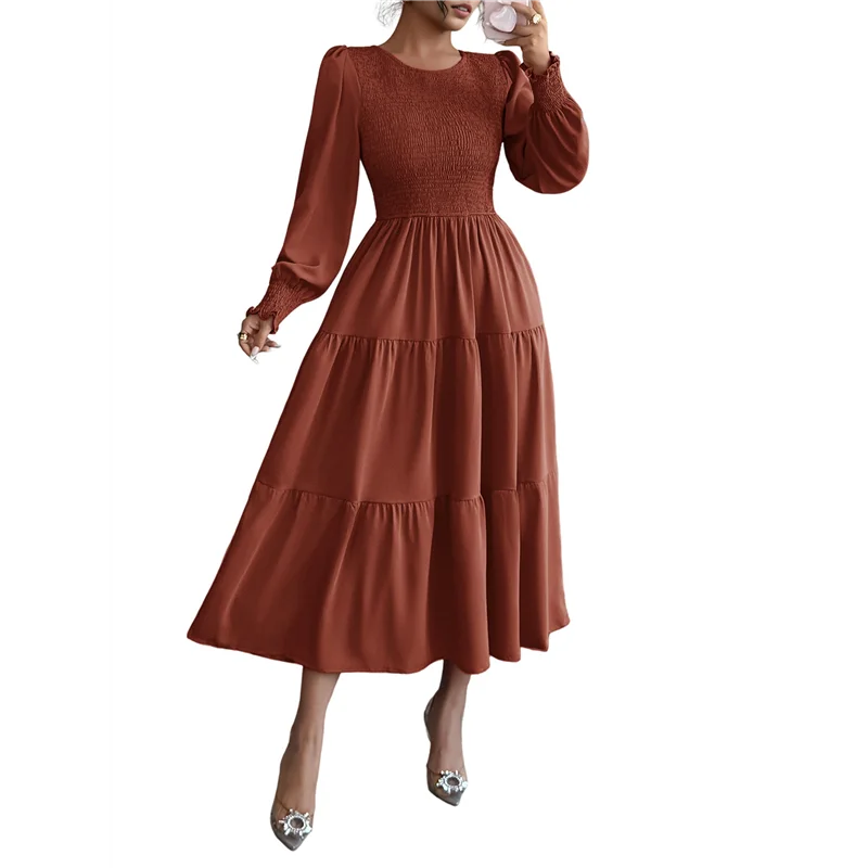 Abrt-vestidos de convidados de casamento para mulheres, manga longa bufante, casual, gola redonda, em camadas, linha a, vestido longo fluido