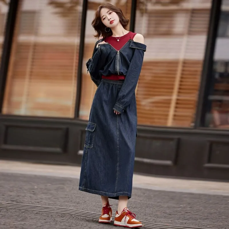 Fashion Denim Suit Women's Autumn New Design Sense Shoulder-spilled Knitted Splicing Denim Shirt Skirt Two-piece Set Temperament