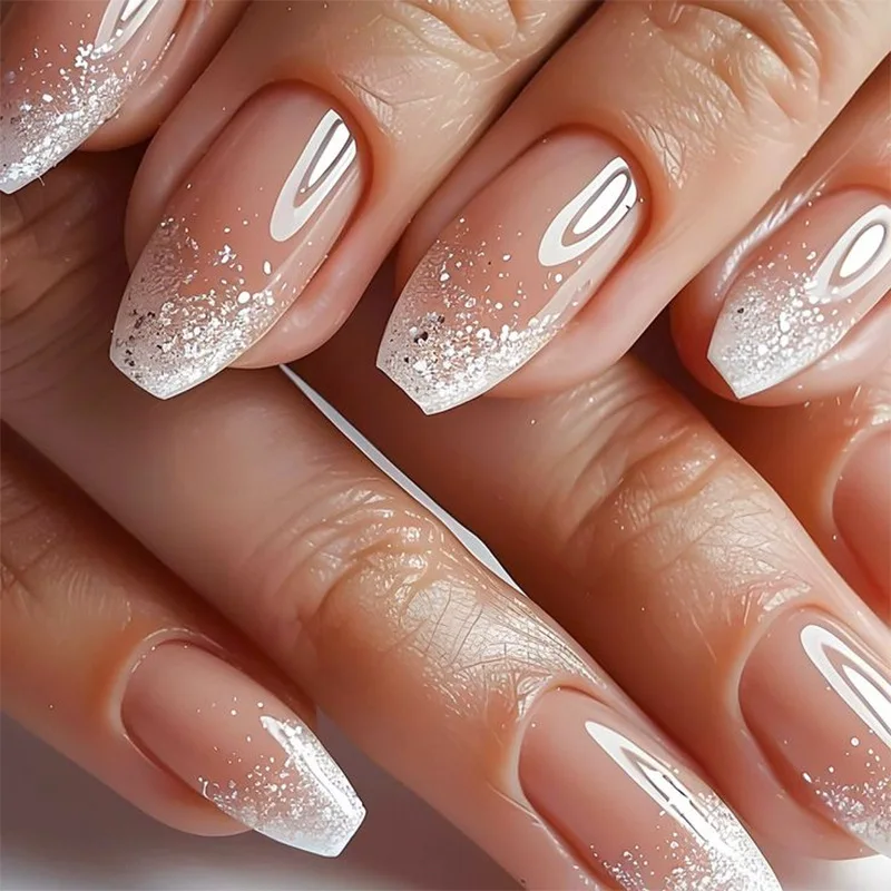 Medium long fake nails for women gradient nude white ballet shape with sparkling glitters reusable ABS press on Artificial nails