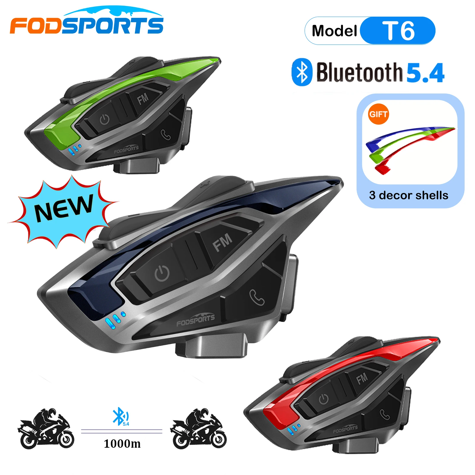 1pc fodsports t6 bluetooth interfone capacete da motocicleta fones de ouvido, comunicação bidirecional, bt5.4, 1000m, compartilhar música, rádio fm, à prova dwaterproof água