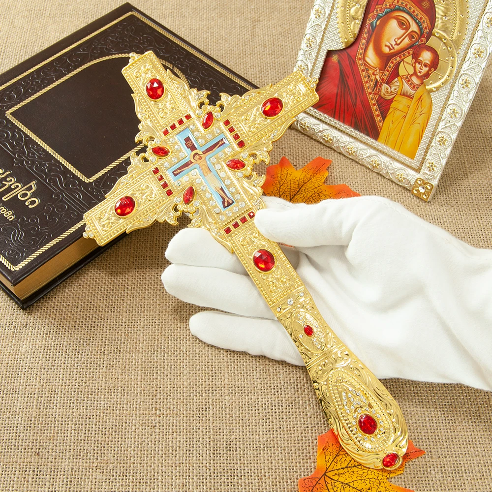 HT Orthodox Cross Gold Plated Jesus Icon Crucifix Biship Pastor Handheld Cross For Church Home Decoration Religion Gift With Box