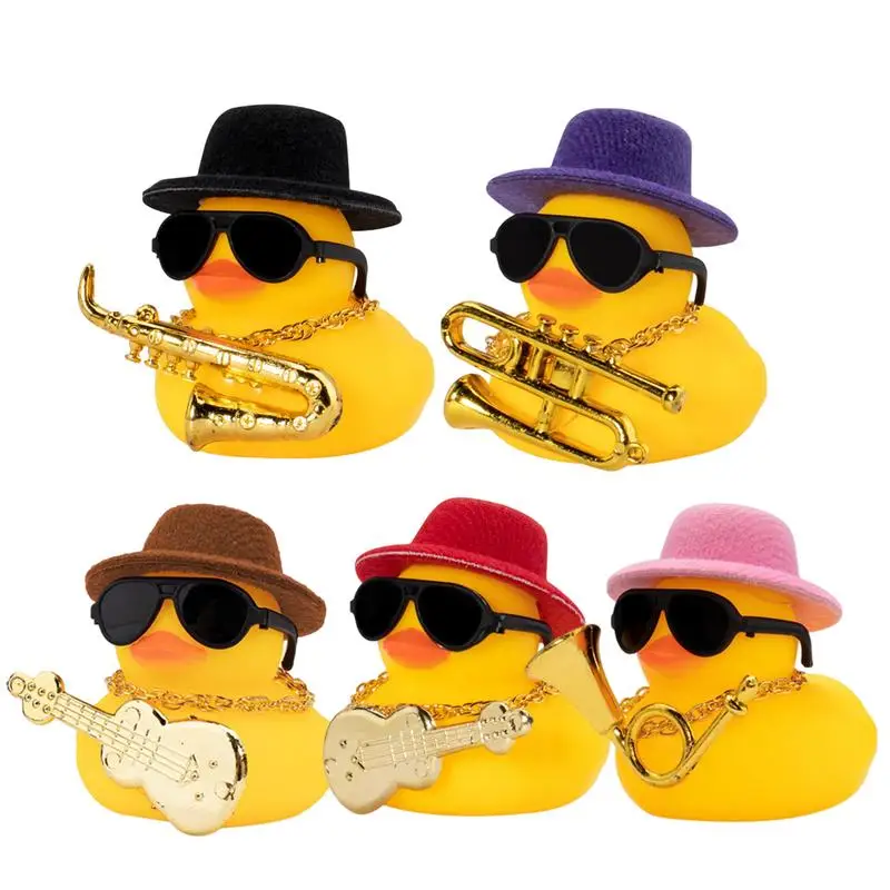 

Squeak Rubber Ducks Car Ornaments Car Duck Ornament Car Dashboard Duck Decoration with Hat Musical Instrument Necklace Sunglass