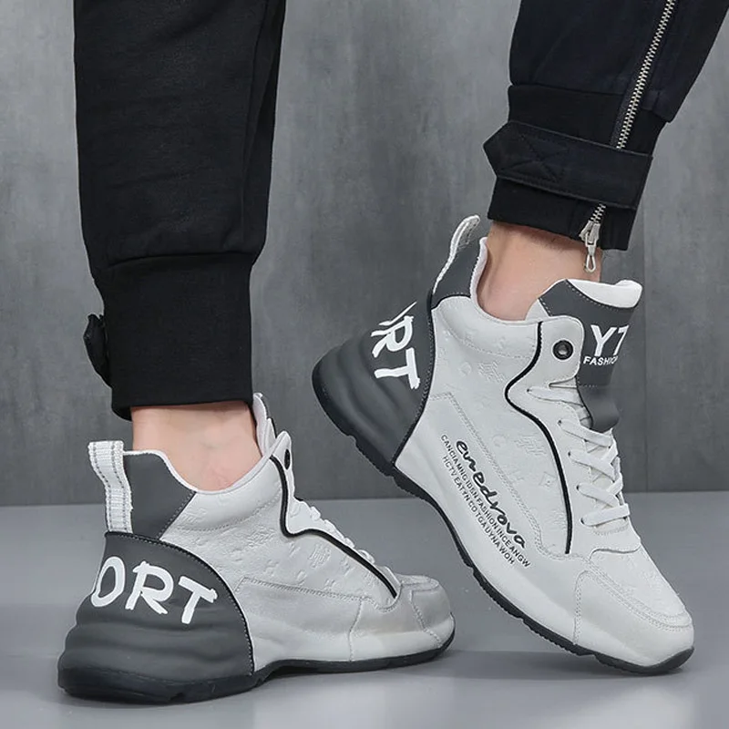 Men High Top Cowhide Genuine Leather Sneakers Lace Up Ankle Short Boots Male High-top Casual Sneakers Shoes tenis masculino