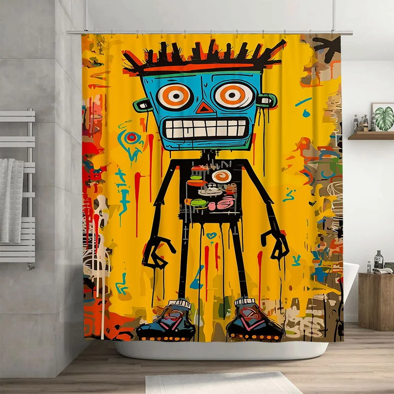 

Абстрактный робот, декор для ванной комнаты, занавеска для душа, холодный, синий, красный, желтый, современный художественный дизайн для украшения дома, размер, настраиваемый