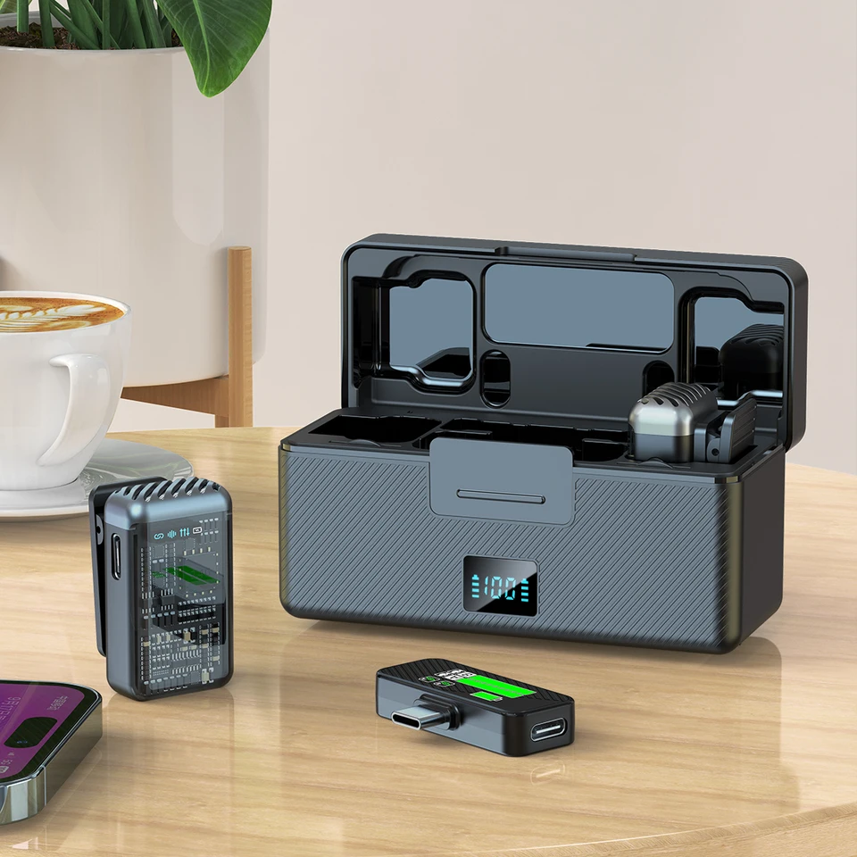 Yamnweo T-S2 micrófono de solapa inalámbrico 2 en 1 con estuche de carga, cancelación de ruido inteligente AR, grabación inalámbrica 2.4G para smartphone, transmisiones en vivo, vlogs, compatible con Tipo-C y Lightning 4