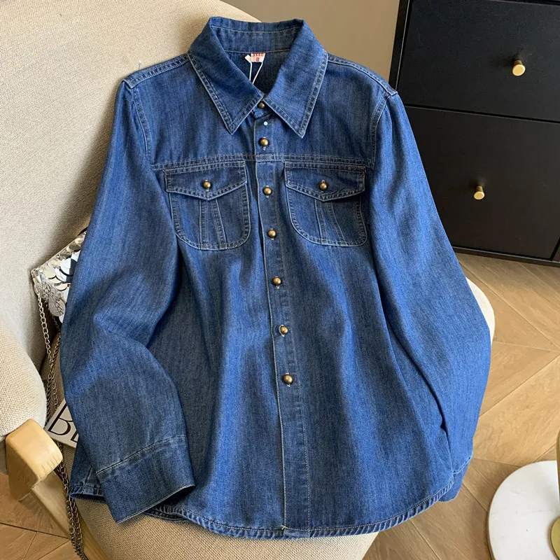 Vintage Blue Lapel Denim Shirt Women Long Sleeve Single Breasted Versatile Spring Autumn Casual Blouse 2