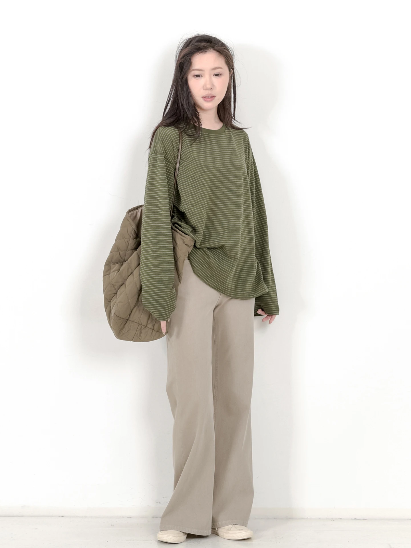 

Loose Long Sleeve round Neck Basic Shirt T-Shirt Women's Green Stripes Knitted Cotton Polyester Spring Season Casual Wear