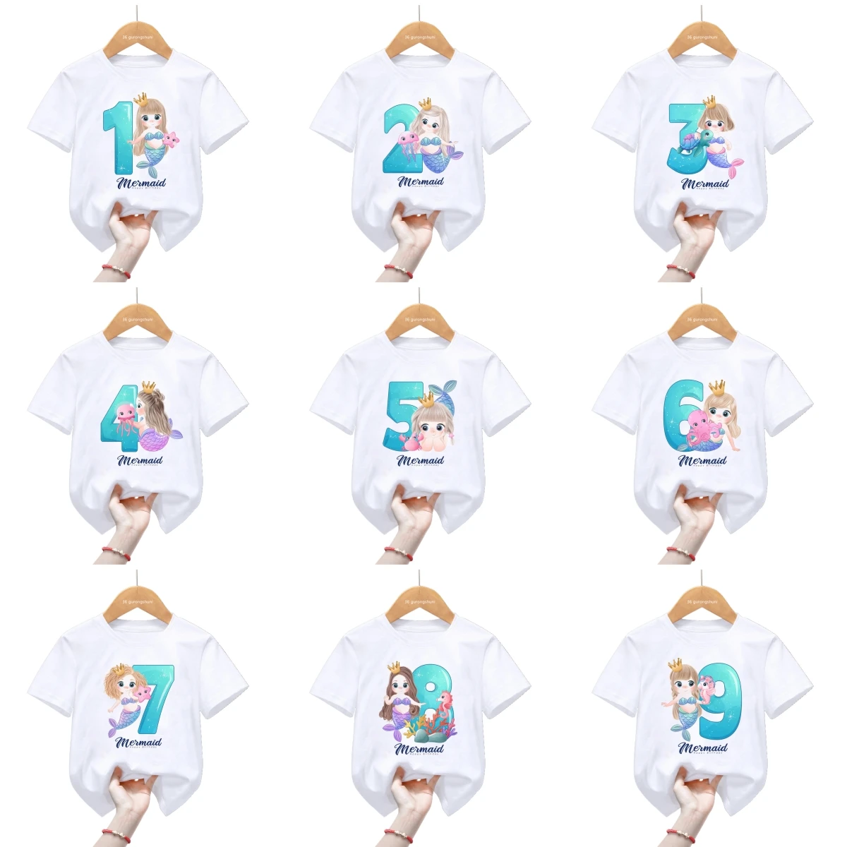 Camiseta de sirena con número 1-9 para niños y niñas, camiseta de feliz cumpleaños con nombre personalizado, ropa para niños, camisetas de manga corta