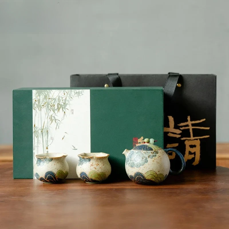 Gold Drawing Hand-painted Green Water And Mountains Tea Set Complete Set Antique Tea Ceremony Set Teapot And Tea Cup Teaset Cha