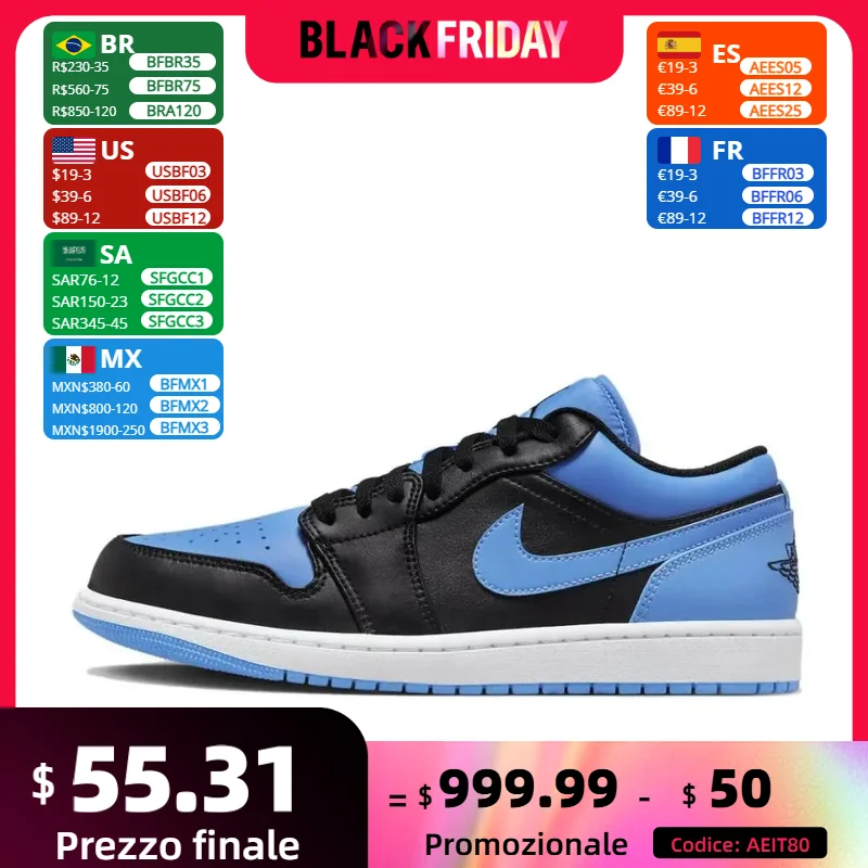 Nike neues Angebot Air Jordan 1 Low Retro Low Top Basketballschuhe Herren Schwarz und Blau Farbgebung