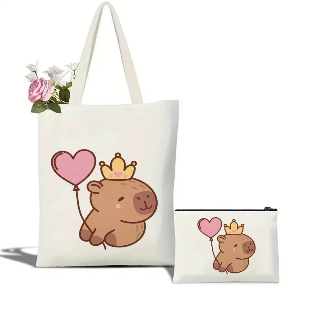 

Canvas Shoulder Bag Trendy Capybara Heart Pattern Yoga Tote Bag Reusable Eco Friendly Gym Sack Ideal for Yoga Office Commute