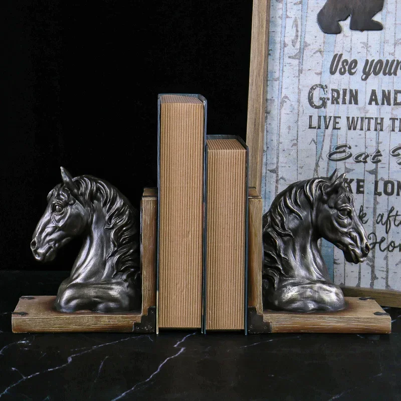 American Retro Horse Head Bookend Ornaments Resin Antique Figurines Home Office Study Book Shelf Decoration Book Stand Crafts