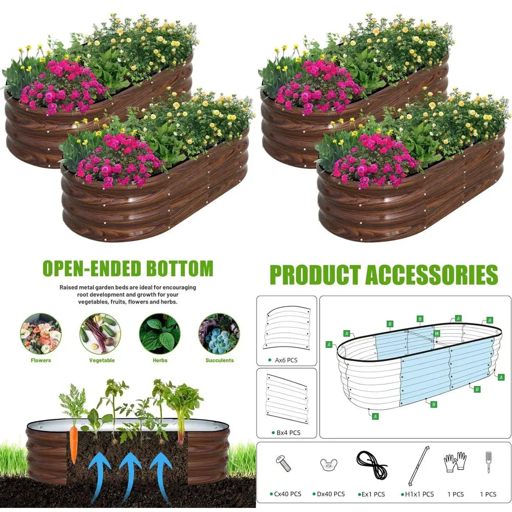 

Поднятая садовая кровать на открытом воздухе, 2 шт., овальные металлические коробки для цветов размером 4x2x1 футов для выращивания растений и овощей, коричневый