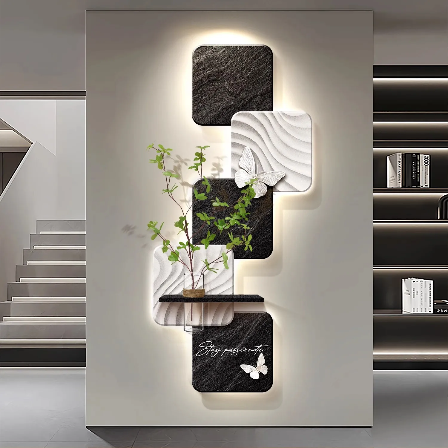 Cream Style Black And White Creative Entrance Decoration Painting Hydroponic Green Plant Lighting Painting Living Room Hanging