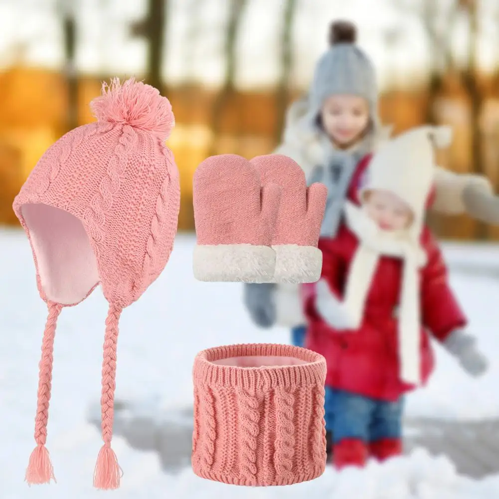 

Elastic Hat Scarf Gloves Kids Winter Hat Scarf Glove Set with Plush Ball Decor Cozy Knitted Outdoor Accessories for Boys Girls